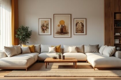 Modern nappali kényelmes kanapéval és faliképekkel.