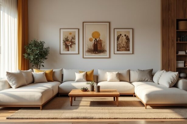 Modern nappali kényelmes kanapéval és faliképekkel.