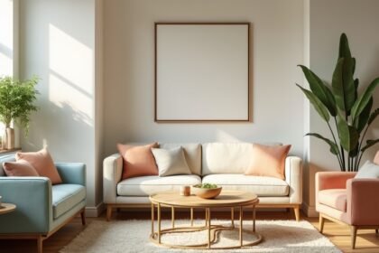 Modern élettér kényelmes bútorokkal és zöld növényekkel.