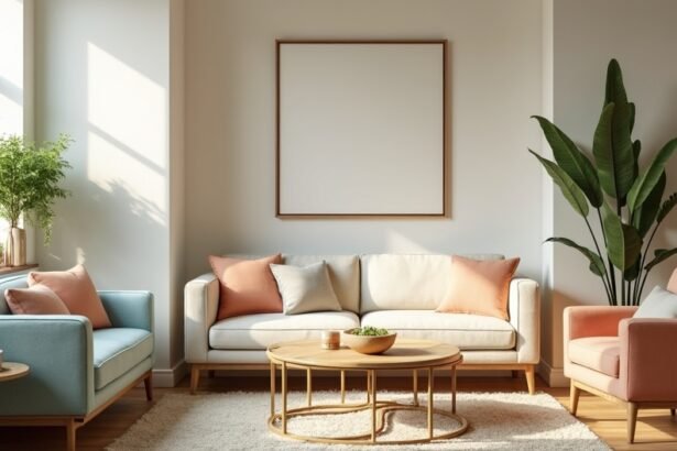 Modern élettér kényelmes bútorokkal és zöld növényekkel.