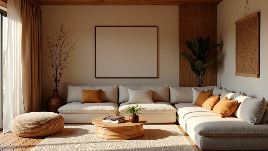 Modern, földszínekben berendezett nappali, természetes anyagokkal.