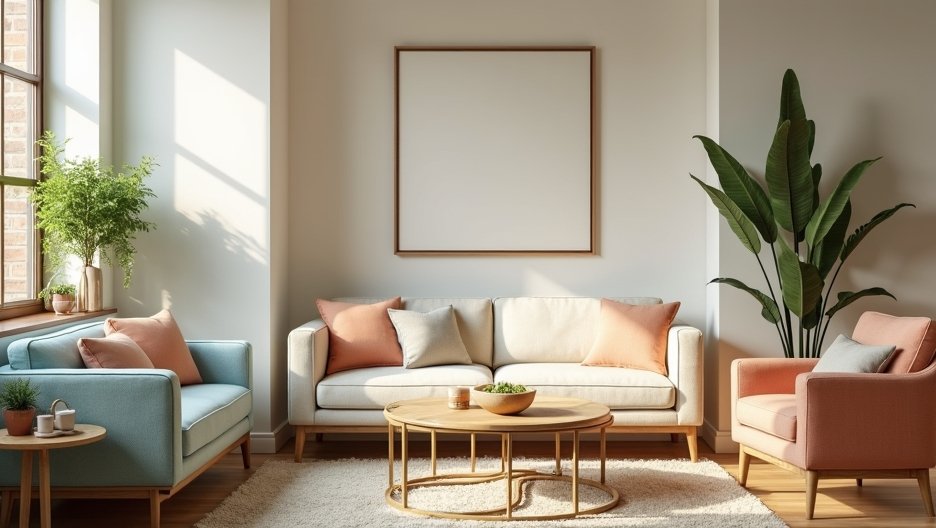 Modern élettér kényelmes bútorokkal és zöld növényekkel.