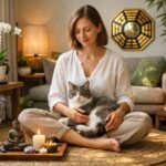 Nő macskával meditál Feng shui-elv szerint otthonában.