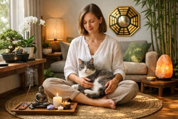 Nő macskával meditál Feng shui-elv szerint otthonában.