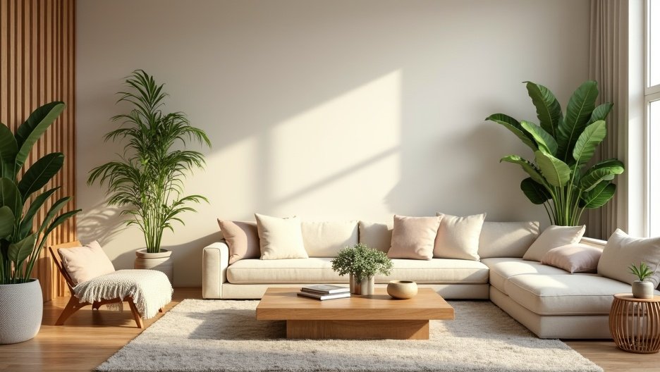 Feng shui inspirált nappali növényekkel és világos árnyalatokkal.