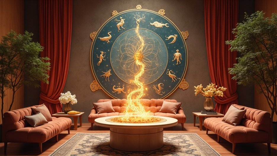 Asztrológiai szimbólumok és modern nappali dekoráció