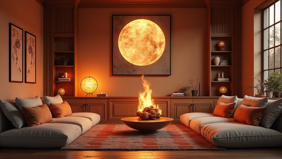 Meleg otthoni környezet, tűz elem és kényelmes bútorok.