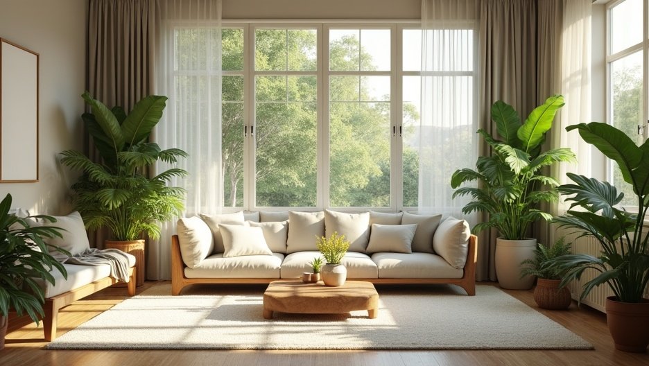 Modern nappali sok zöld növénnyel és világos berendezéssel.