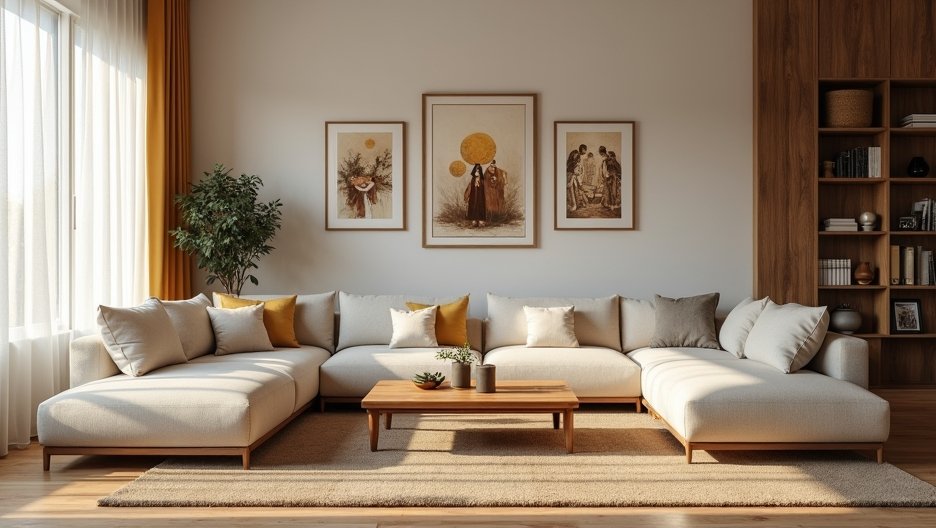 Modern nappali kényelmes kanapéval és faliképekkel.