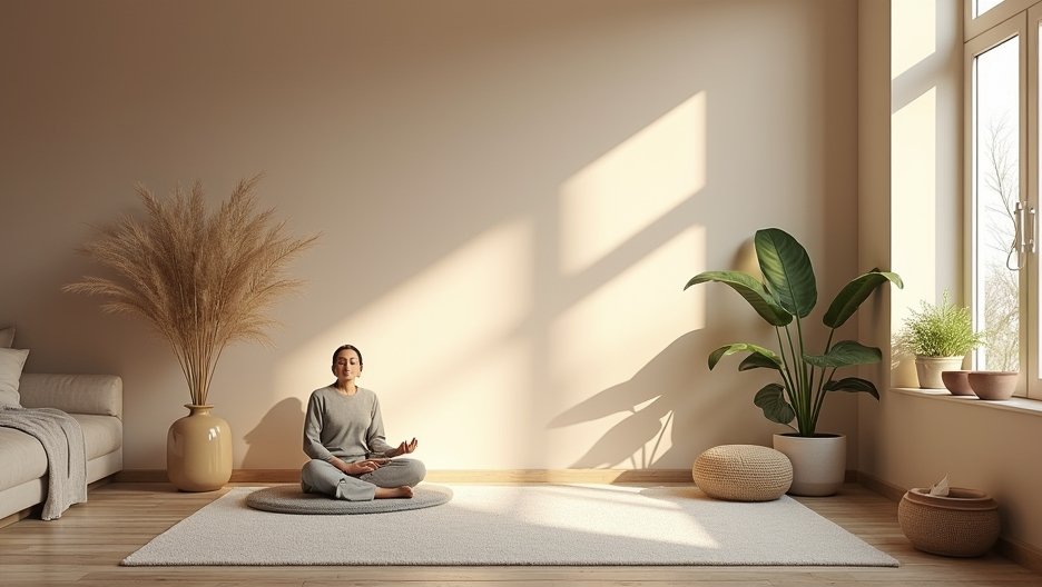 Békés meditációs sarok otthon, kényelmes környezettel.