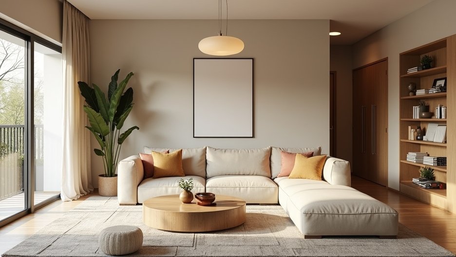 Modern nappali kényelmes bútorokkal és természetes világítással.