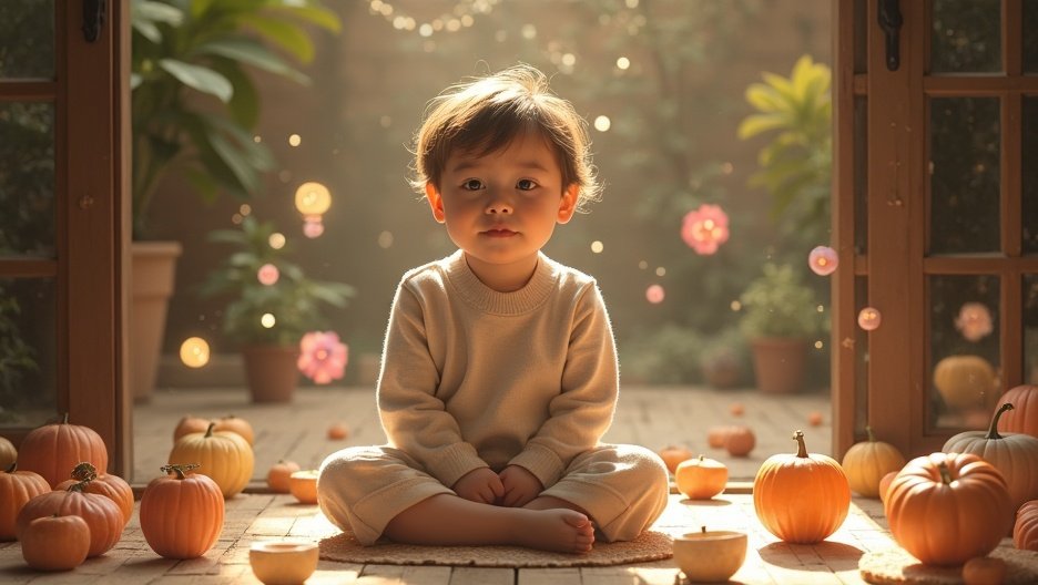 Kisgyermek ül tökök körül, békés őszi környezetben.
