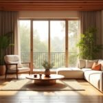 Fényes nappali növényekkel és kényelmes kanapéval