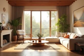 Fényes nappali növényekkel és kényelmes kanapéval