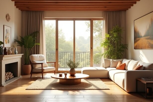 Fényes nappali növényekkel és kényelmes kanapéval