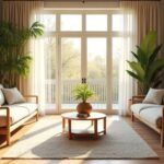 Modern nappali zöld növényekkel és világos ablakokkal