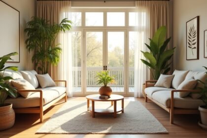 Modern nappali zöld növényekkel és világos ablakokkal