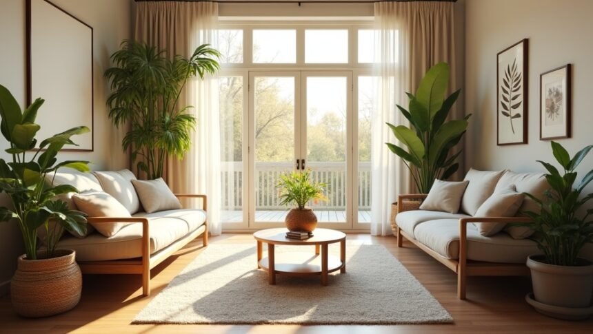 Modern nappali zöld növényekkel és világos ablakokkal