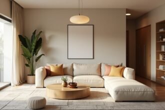 Modern nappali kényelmes bútorokkal és természetes világítással.