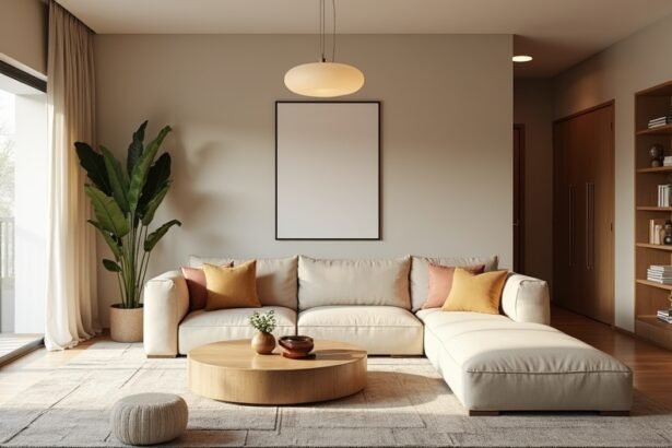 Modern nappali kényelmes bútorokkal és természetes világítással.