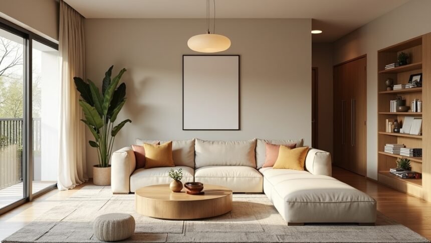 Modern nappali kényelmes bútorokkal és természetes világítással.