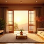 Egy szépen berendezett szoba naplementével és növényekkel.