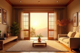 Egy szépen berendezett szoba naplementével és növényekkel.