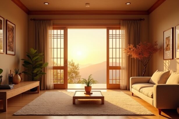 Egy szépen berendezett szoba naplementével és növényekkel.