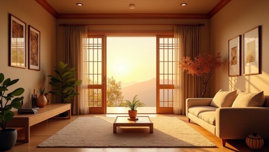 Egy szépen berendezett szoba naplementével és növényekkel.