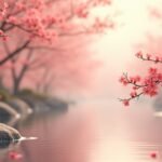 Blooming peach blossom trees by a serene river