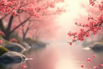 Blooming peach blossom trees by a serene river
