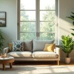 Modern nappali légtisztító növényekkel és kényelmes bútorokkal.