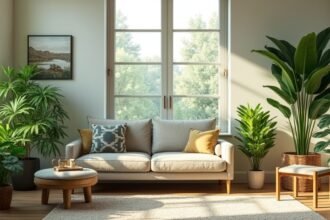 Modern nappali légtisztító növényekkel és kényelmes bútorokkal.
