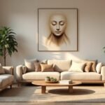 Modern nappali egy csendes festménnyel, amely harmóniát sugall.