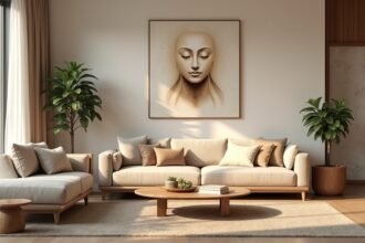 Modern nappali egy csendes festménnyel, amely harmóniát sugall.