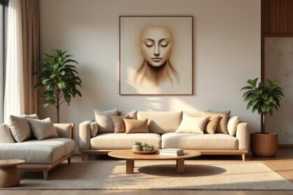 Modern nappali egy csendes festménnyel, amely harmóniát sugall.