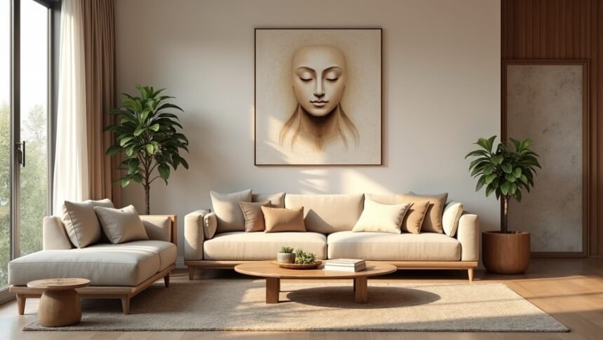 Modern nappali egy csendes festménnyel, amely harmóniát sugall.