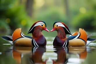 Két mandarin kacsa, élénk színekben úszik egy tóban.