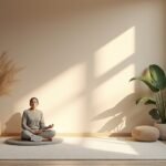 Békés meditációs sarok otthon, kényelmes környezettel.
