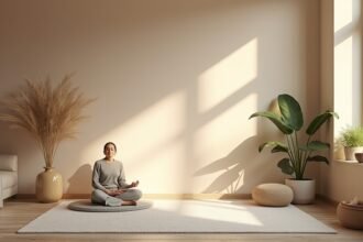 Békés meditációs sarok otthon, kényelmes környezettel.