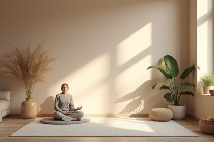 Békés meditációs sarok otthon, kényelmes környezettel.