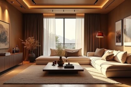 Elegáns nappali modern berendezéssel és panorámás kilátással.