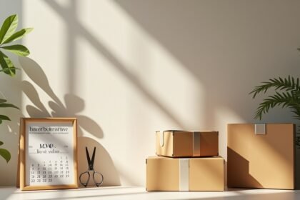 Holdnaptár, növények és dobozok egy világos szobában.