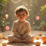 Kisgyermek ül tökök körül, békés őszi környezetben.