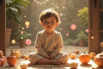 Kisgyermek ül tökök körül, békés őszi környezetben.