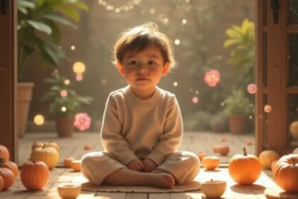 Kisgyermek ül tökök körül, békés őszi környezetben.