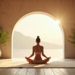 Női jóga gyakorlás a napfelkeltében egy harmonikus térben.