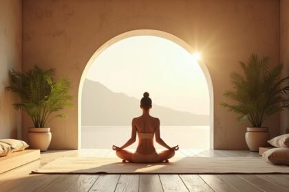 Női jóga gyakorlás a napfelkeltében egy harmonikus térben.