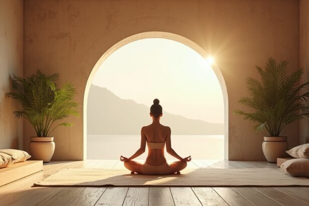 Női jóga gyakorlás a napfelkeltében egy harmonikus térben.