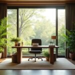 Modern iroda növényekkel, természetes fényben vintage bútorokkal.